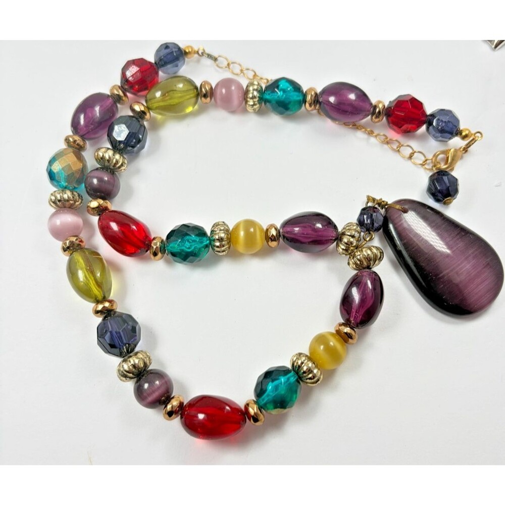 Vintage Estate Multicolor Glass Bead Necklace Teardrop Pendant Gold Statement